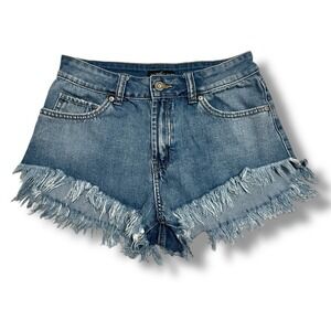 Sincerely Jules Blue Frayed Cutoff Denim Booty Mini Shorts Women's 27 Raw Hem
